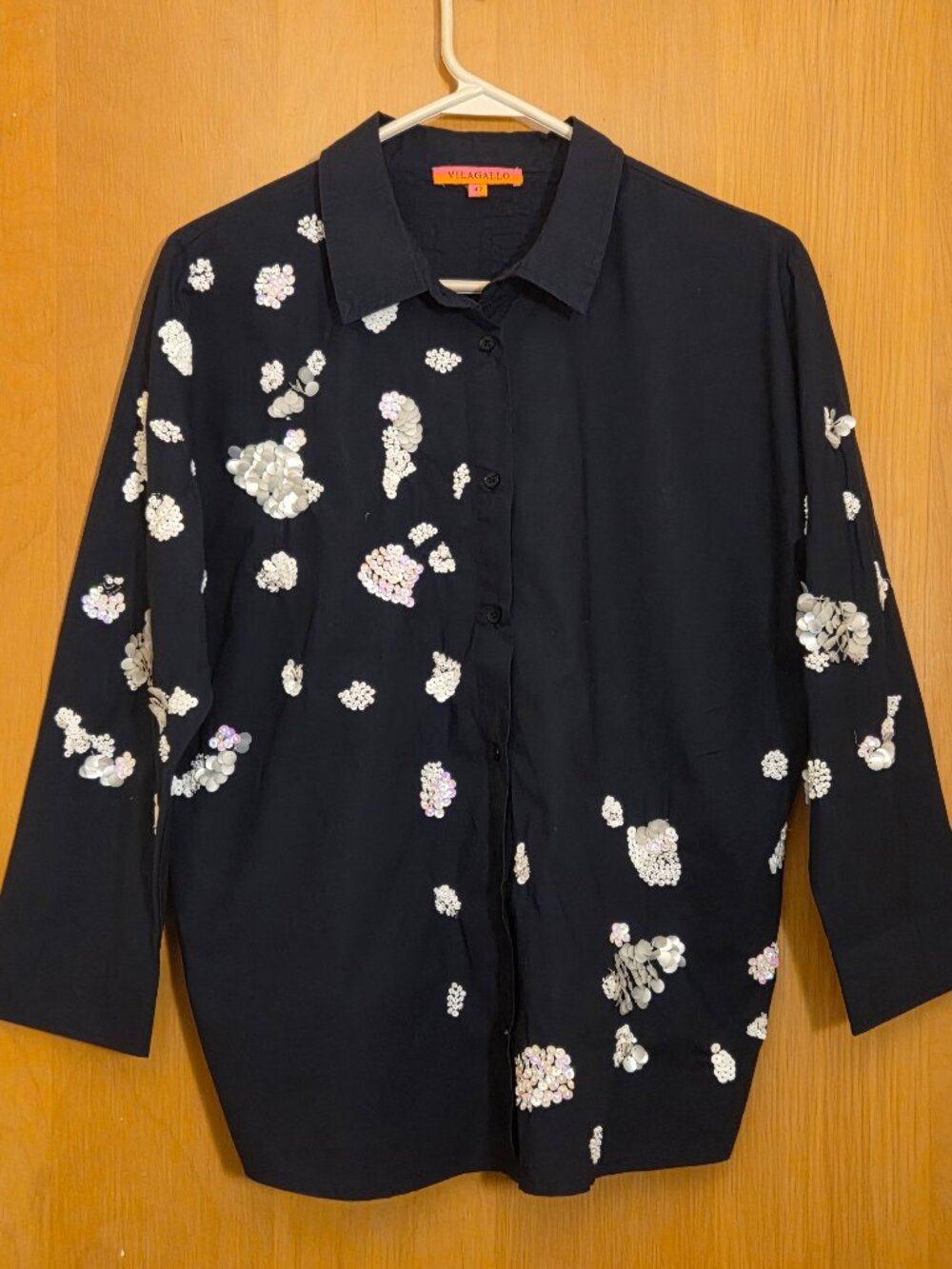Vilagallo Button Up Shirt Size EU 42 US L Black White Sequins Embellished Artsy